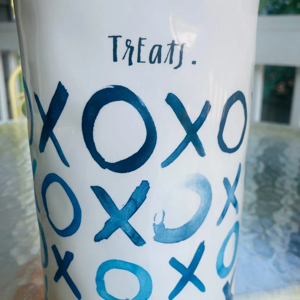 Rae Dunn Artesian Collection Treats XOXO Indigo Blue Boutique Canister Dimpled